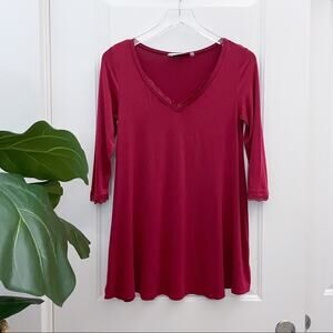 Red Lace Trim Tunic 3/4 Sleeve Size S